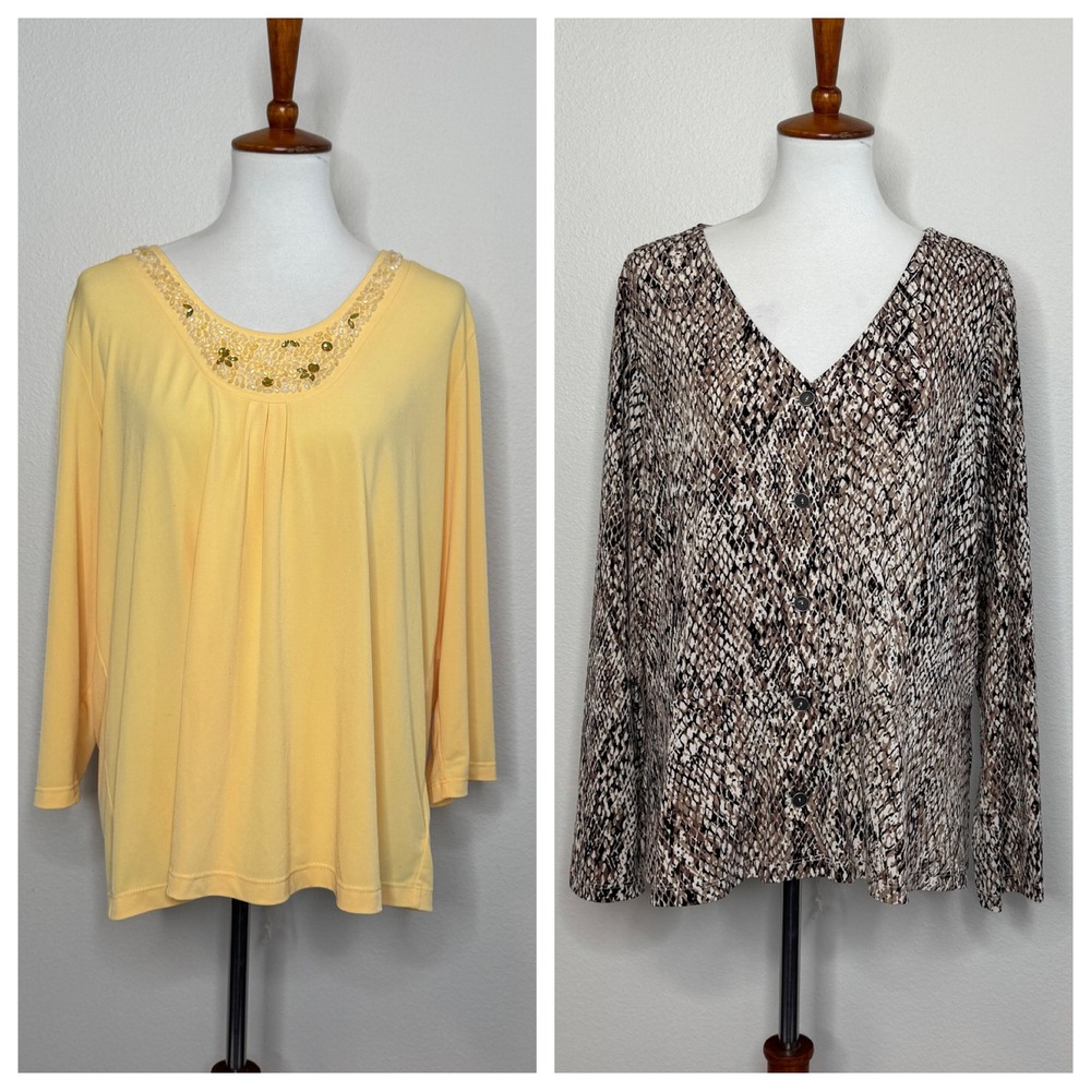 Lot of 2 SUSAN GRAVER Liquid Knit Tops XL Casual Wardrobe Basic Yellow & Reptile